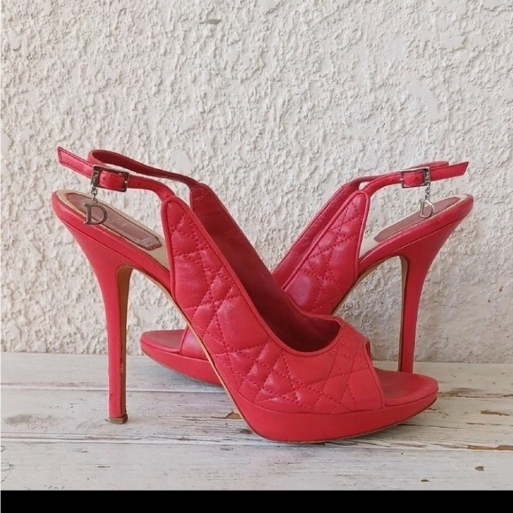 Christian Dior Red Quilted Peeptoe Cannage Charm Heels EUR 38, US 8